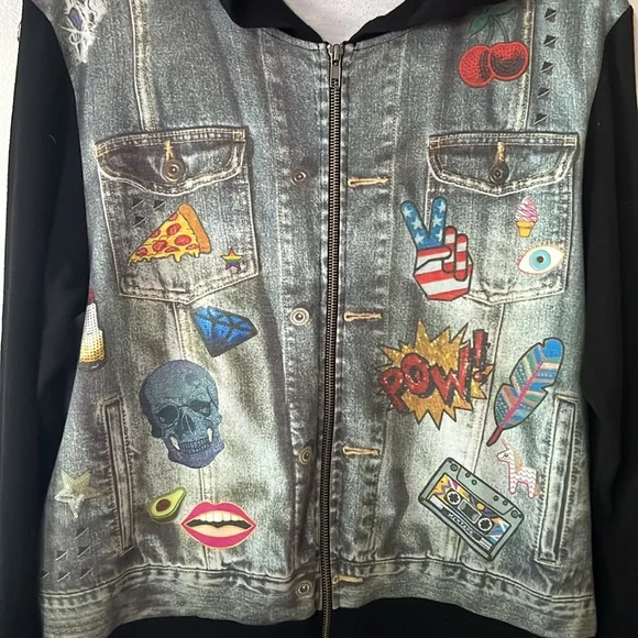 Terez Black Zip Up Hoodie Jacket with Graphic 80’s- 90’s Design. Size Medium - Picture 1 of 8
